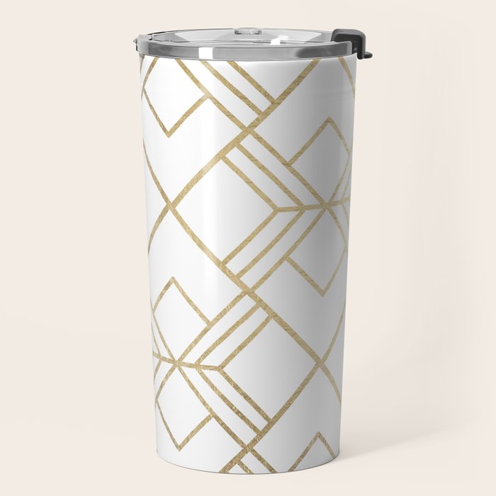 Geometrical white faux gold elegant stylish diamonds Travel Mug Gallery Image 2