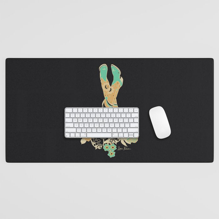 Love Stoned Cowboy Boots - Emerald, Cream, Black Desk Mat Gallery Image 1