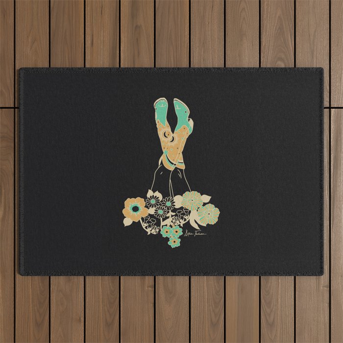 Love Stoned Cowboy Boots - Emerald, Cream, Black Outdoor Rug Gallery Image 1