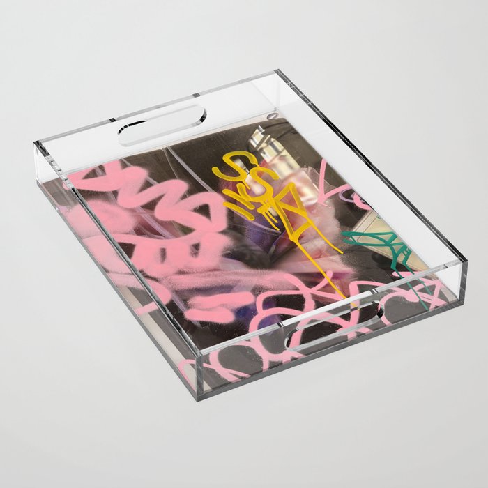 Pink and White Graffiti Sprayed Street Art in Bologna  Acrylic Tray Gallery Image 1