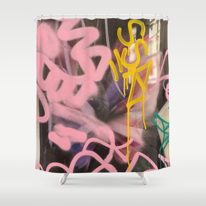 Pink and White Graffiti Sprayed Street Art in Bologna  Shower Curtain Gallery Image 1