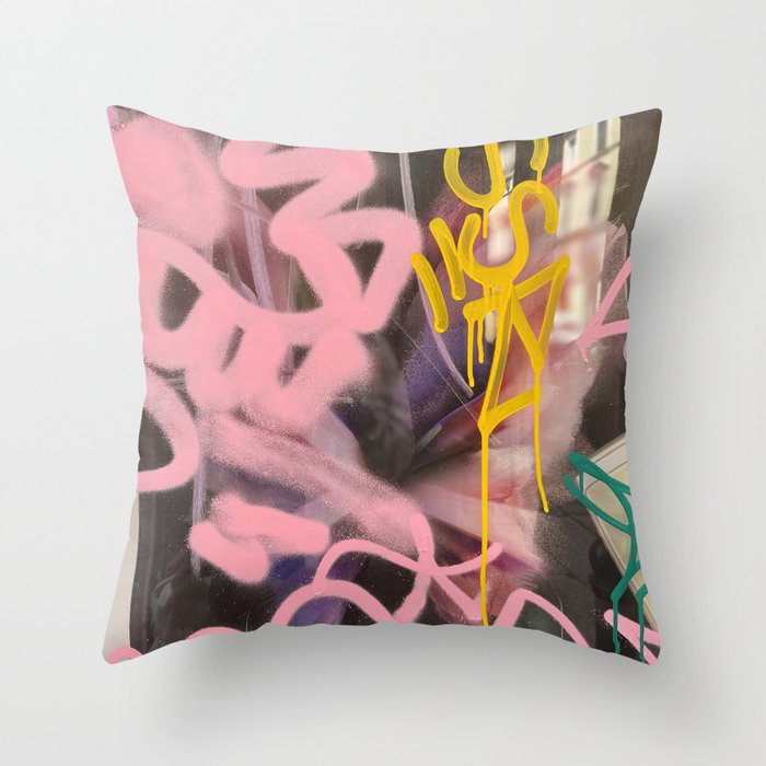 Pink and White Graffiti Sprayed Street Art in Bologna  Throw Pillow Gallery Image 6