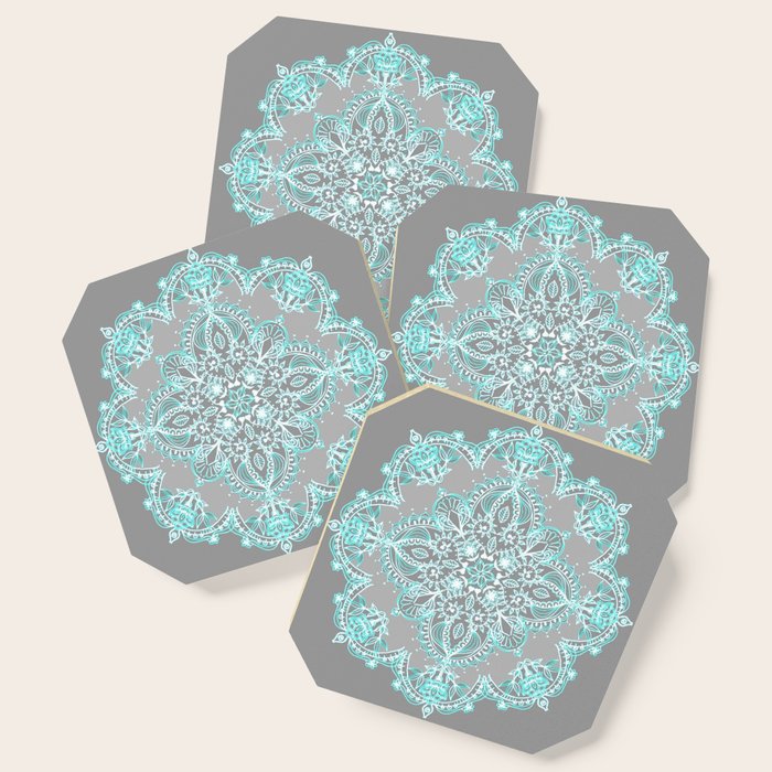 Teal and Aqua Lace Mandala on Grey Coaster Gallery Image 1