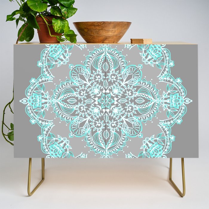 Teal and Aqua Lace Mandala on Grey Credenza Gallery Image 1