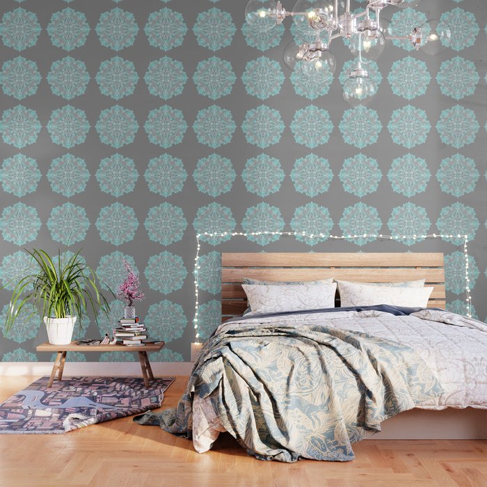 Teal and Aqua Lace Mandala on Grey Wallpaper Gallery Image 1