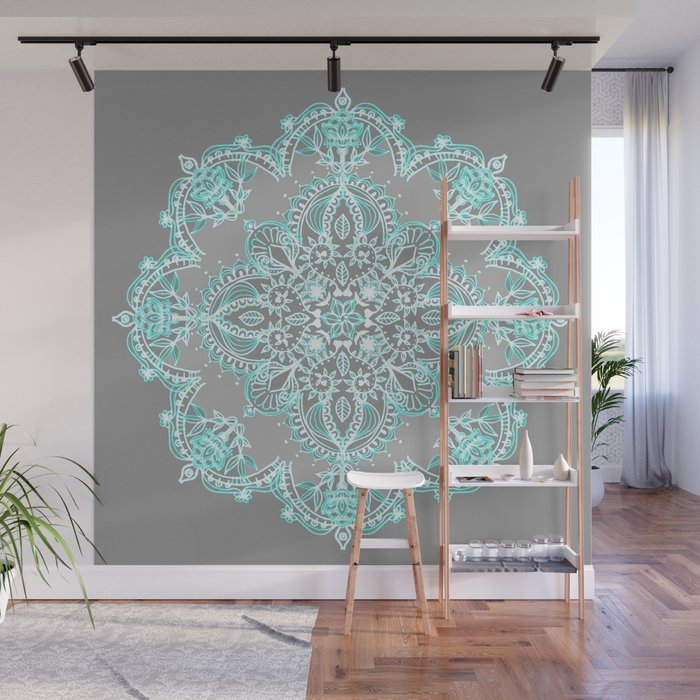 Teal and Aqua Lace Mandala on Grey Wall Mural Gallery Image 1