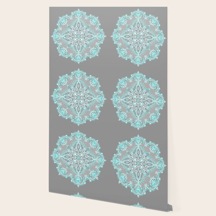Teal and Aqua Lace Mandala on Grey Wallpaper Gallery Image 2