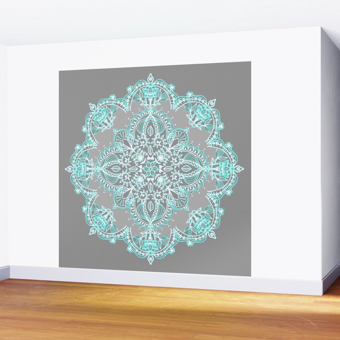 Teal and Aqua Lace Mandala on Grey Wall Mural Gallery Image 2