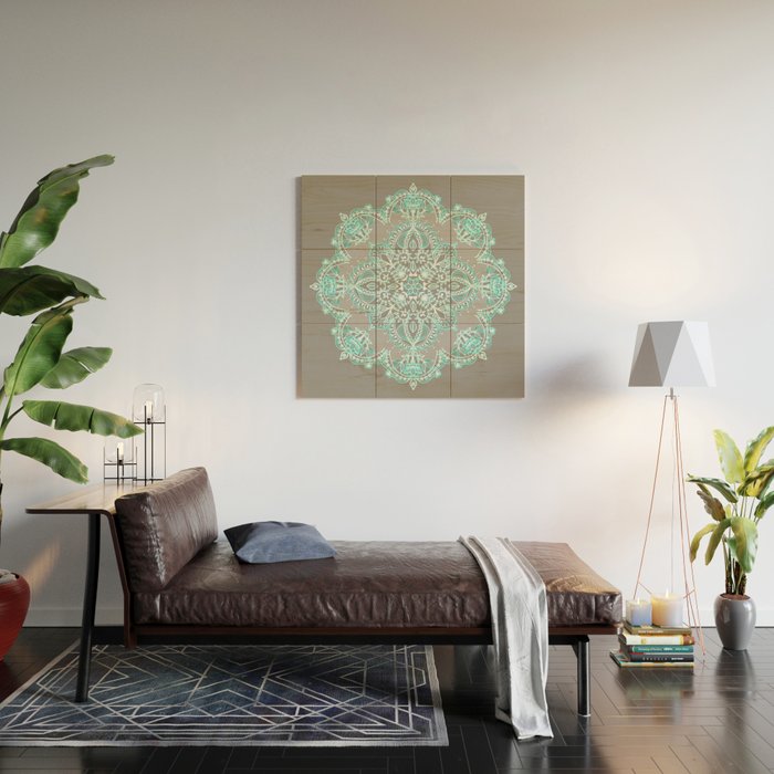 Teal and Aqua Lace Mandala on Grey Wood Wall Art Gallery Image 2