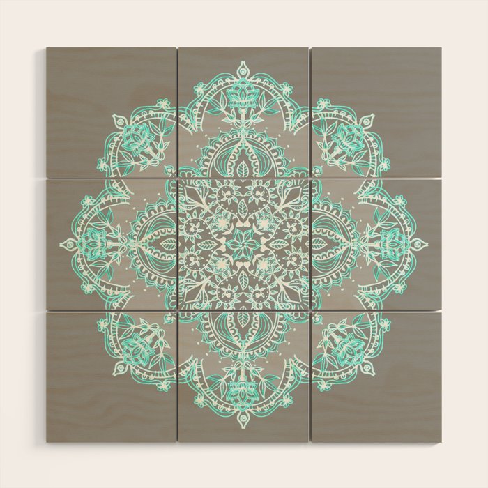 Teal and Aqua Lace Mandala on Grey Wood Wall Art Gallery Image 1
