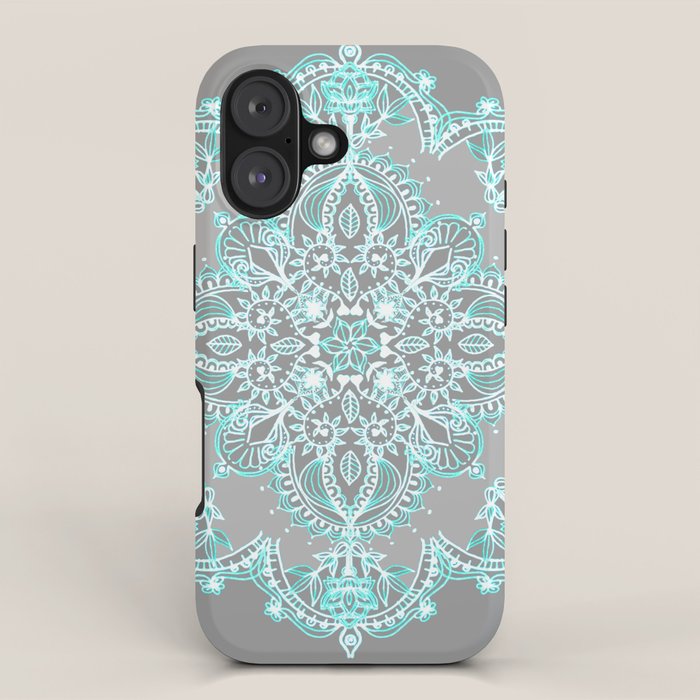 Teal and Aqua Lace Mandala on Grey iPhone Case Gallery Image 1