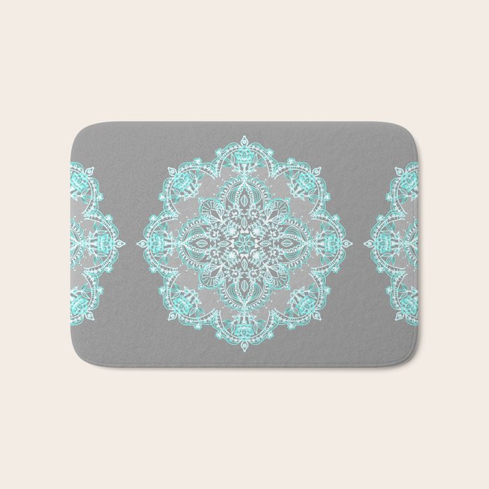 Teal and Aqua Lace Mandala on Grey Bath Mat Gallery Image 1
