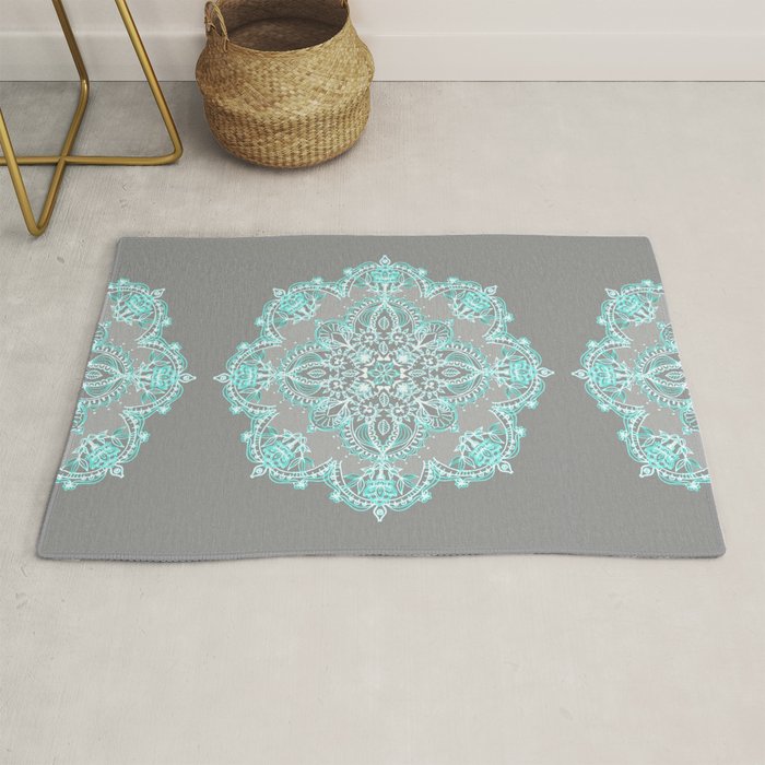 Teal and Aqua Lace Mandala on Grey Rug Gallery Image 1