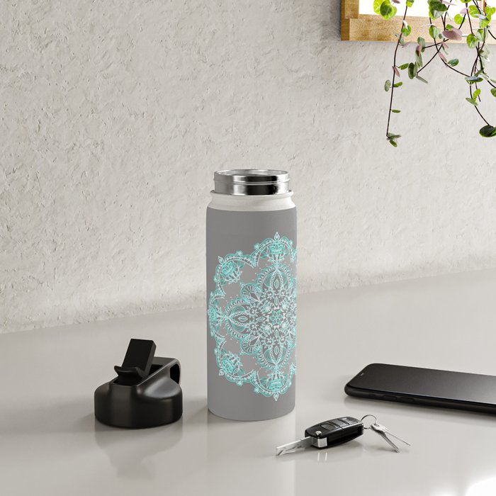 Teal and Aqua Lace Mandala on Grey Water Bottle Gallery Image 4