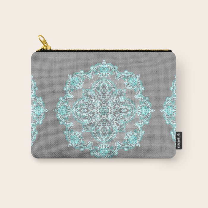 Teal and Aqua Lace Mandala on Grey Carry All Pouch Gallery Image 1