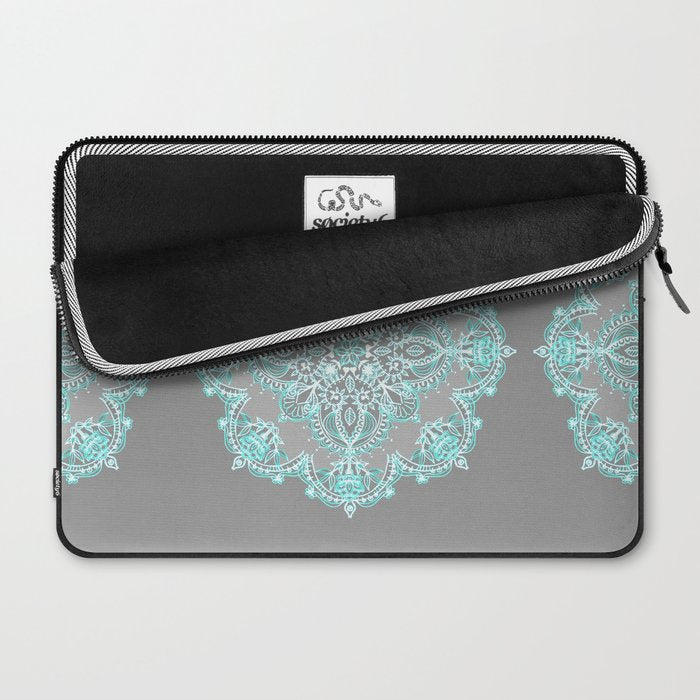 Teal and Aqua Lace Mandala on Grey Laptop Sleeve Gallery Image 2