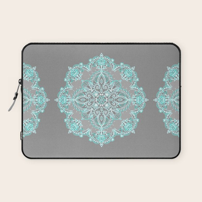 Teal and Aqua Lace Mandala on Grey Laptop Sleeve Gallery Image 1
