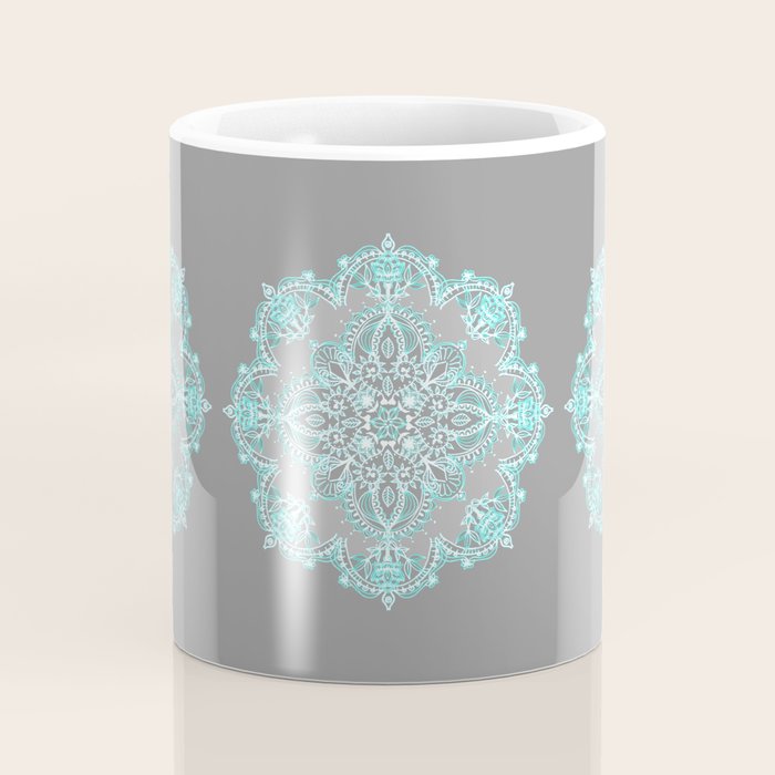 Teal and Aqua Lace Mandala on Grey Coffee Mug Gallery Image 4