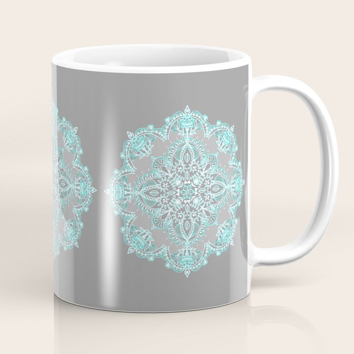 Teal and Aqua Lace Mandala on Grey Coffee Mug Gallery Image 1