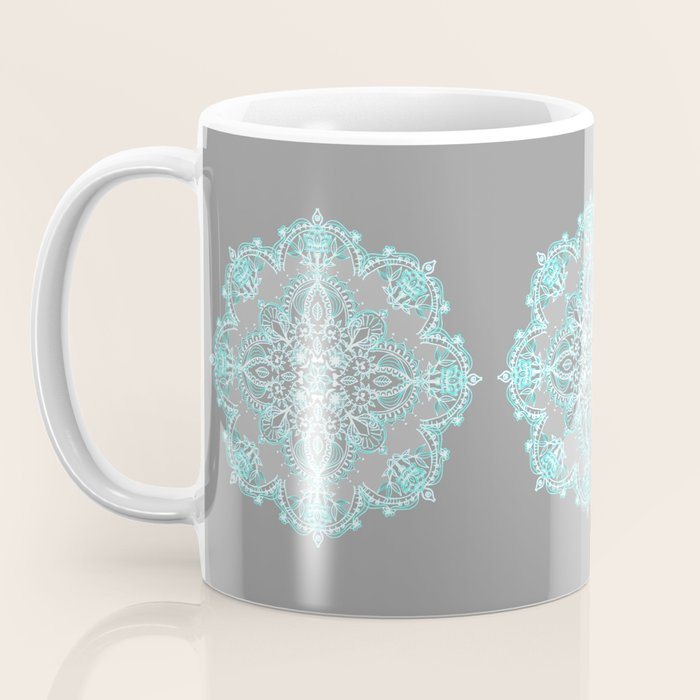 Teal and Aqua Lace Mandala on Grey Coffee Mug Gallery Image 3