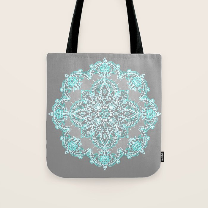 Teal and Aqua Lace Mandala on Grey Tote Bag Gallery Image 1