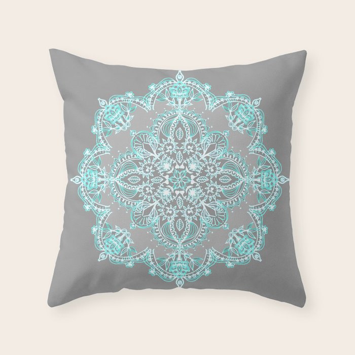 Teal and Aqua Lace Mandala on Grey Throw Pillow Gallery Image 1