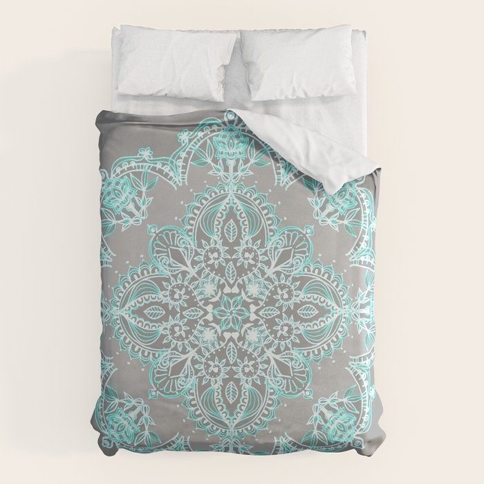 Teal and Aqua Lace Mandala on Grey Duvet Cover Gallery Image 6