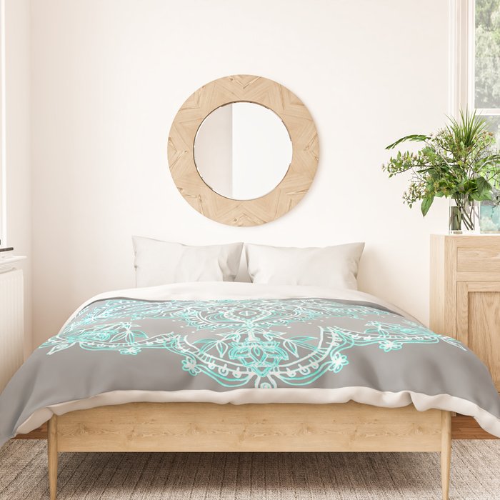 Teal and Aqua Lace Mandala on Grey Duvet Cover Gallery Image 3