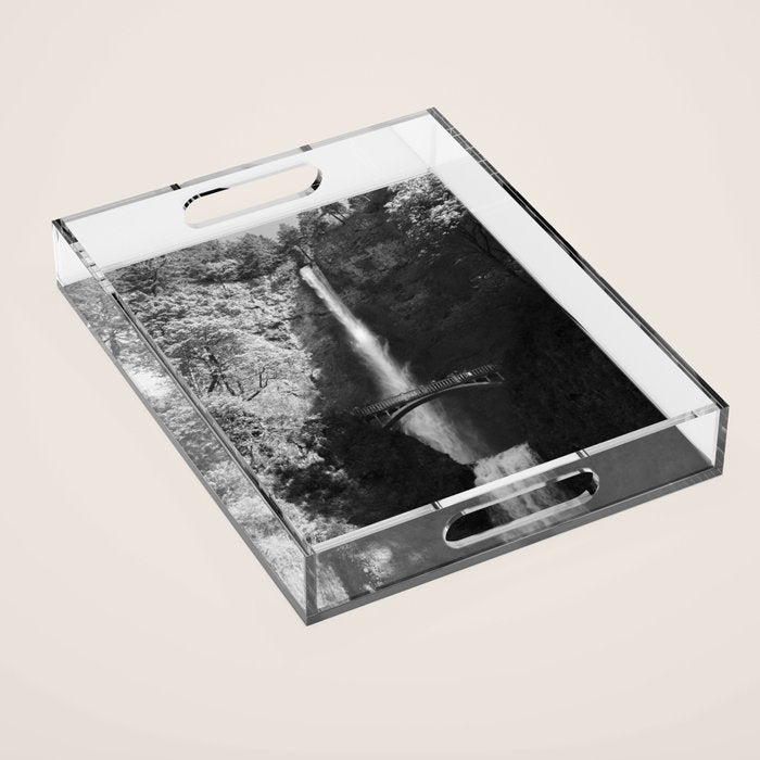 Multnomah Falls Oregon Waterfall Black and White Acrylic Tray Gallery Image 1