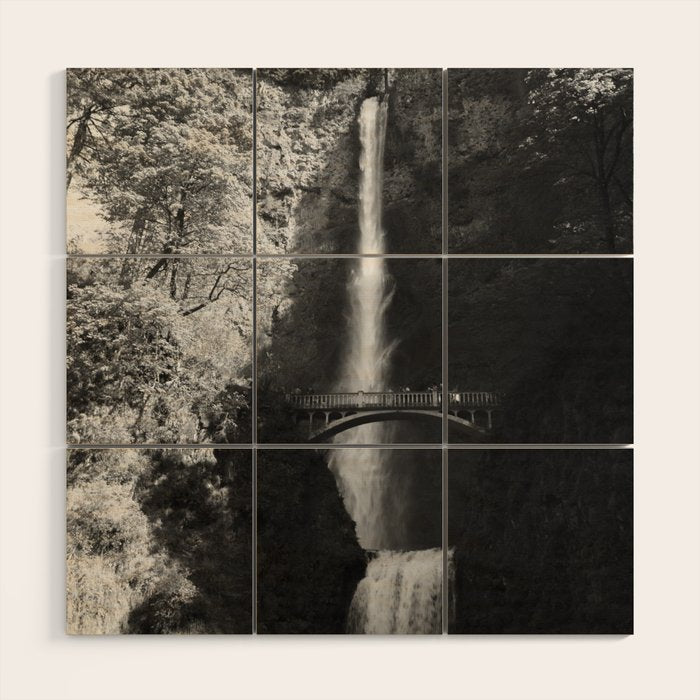 Multnomah Falls Oregon Waterfall Black and White Wood Wall Art Gallery Image 1