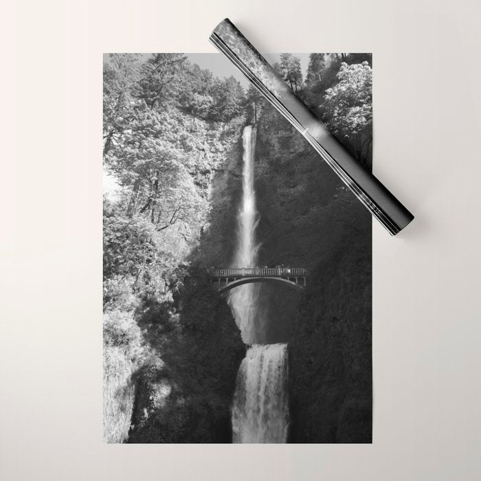 Multnomah Falls Oregon Waterfall Black and White Wrapping Paper Gallery Image 1