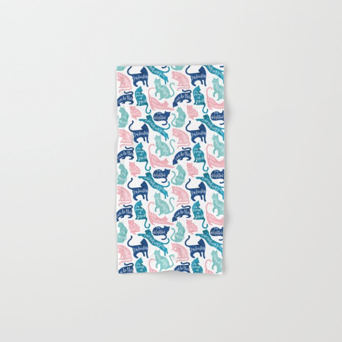Be like a cat // white background pastel pink blue aqua and teal cat silhouettes with affirmations Bath Towel Gallery Image 1