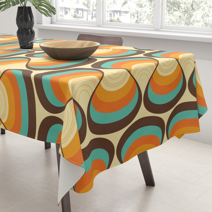 Wavy Turquoise Orange and Brown Retro Lines Tablecloth Gallery Image 3