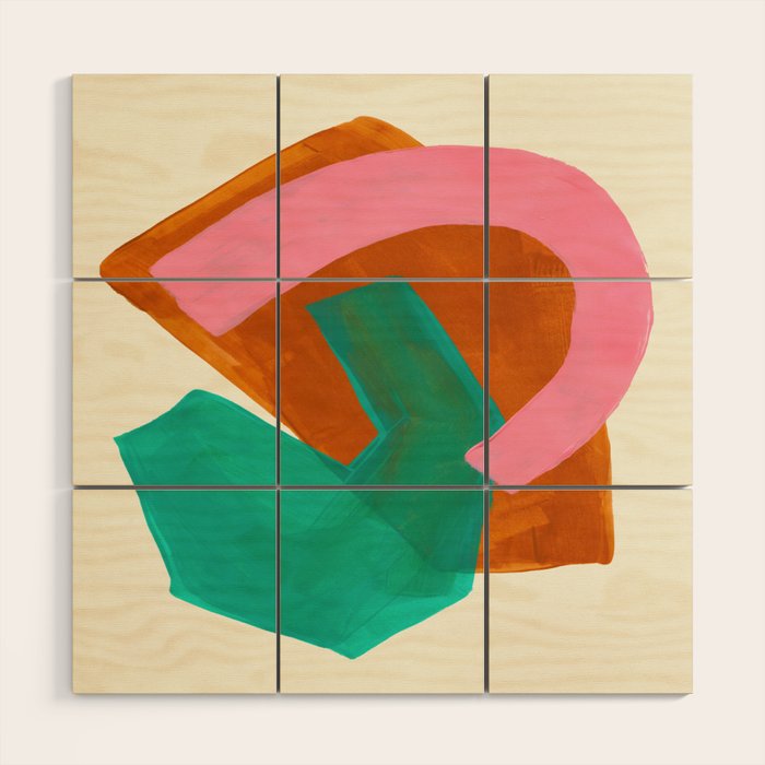 Ochre Pink Marine Green Fun Colorful Mid Century Modern Abstract Painting Shapes Pattern Wood Wall Art Gallery Image 1