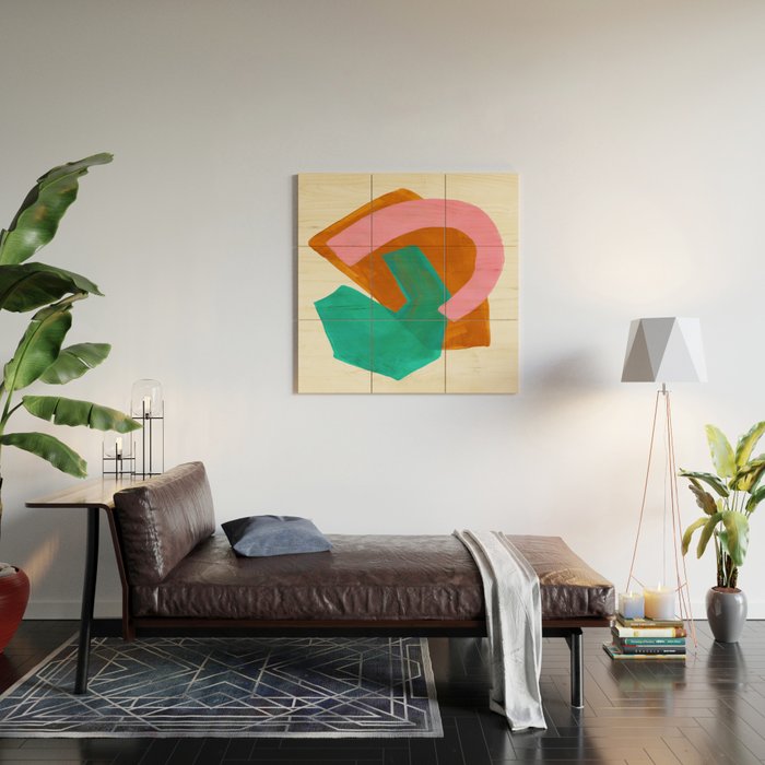 Ochre Pink Marine Green Fun Colorful Mid Century Modern Abstract Painting Shapes Pattern Wood Wall Art Gallery Image 2