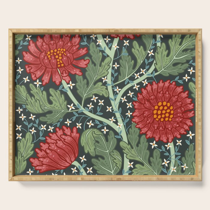 Arts and crafts red chrysanthemum pattern Serving Tray Gallery Image 1