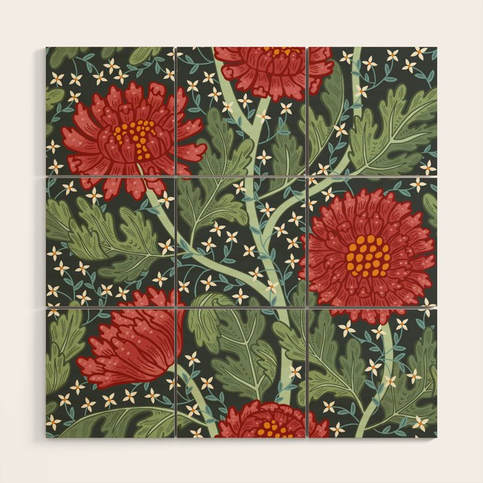 Arts and crafts red chrysanthemum pattern Wood Wall Art Gallery Image 1