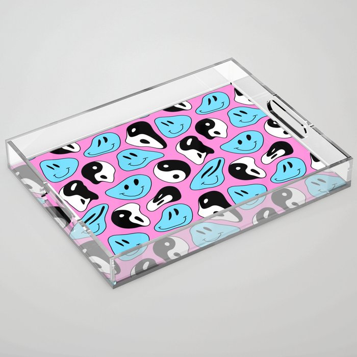 Funny melting smile happy face colorful cartoon seamless pattern Acrylic Tray Gallery Image 1