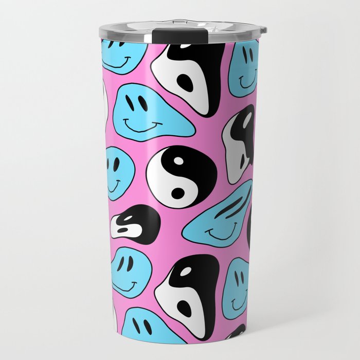 Funny melting smile happy face colorful cartoon seamless pattern Travel Mug Gallery Image 1