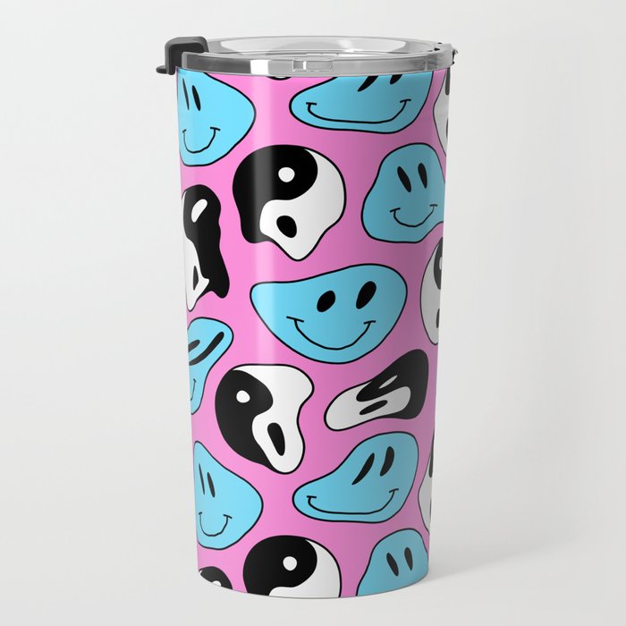 Funny melting smile happy face colorful cartoon seamless pattern Travel Mug Gallery Image 3