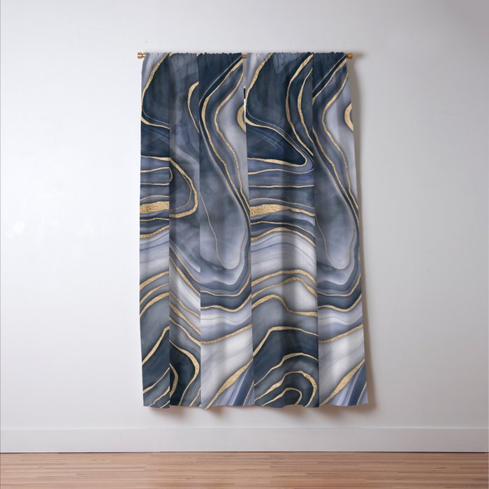 Elegant Marble Reverie Navy Gold Window Curtain Gallery Image 3