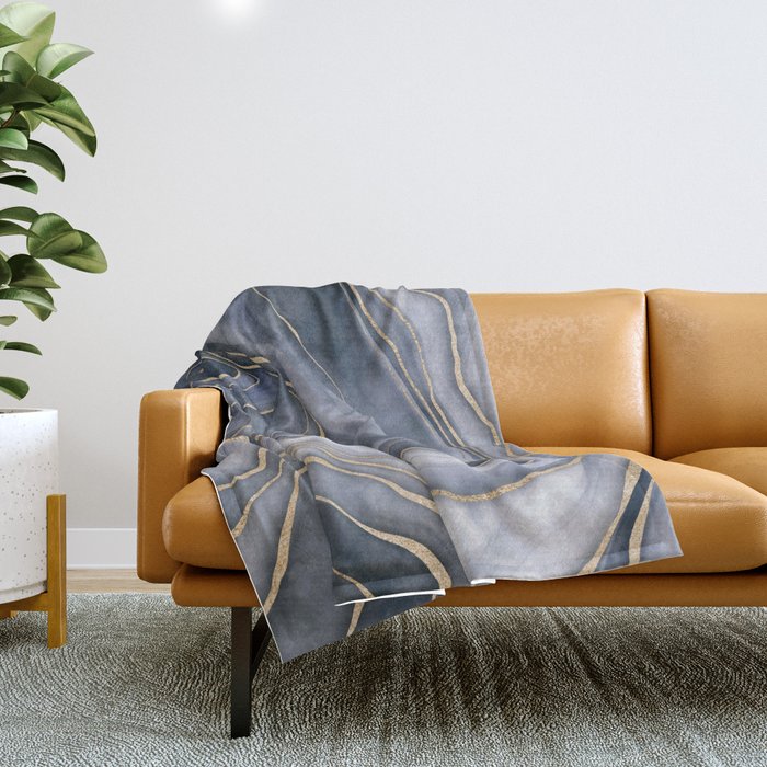 Elegant Marble Reverie Navy Gold Throw Blanket Gallery Image 1