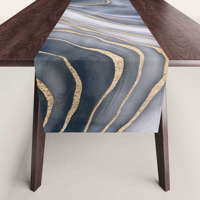 Elegant Marble Reverie Navy Gold Table Runner Gallery Image 1