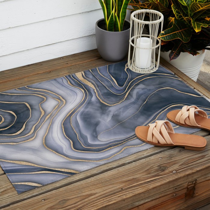 Elegant Marble Reverie Navy Gold Outdoor Rug Gallery Image 2