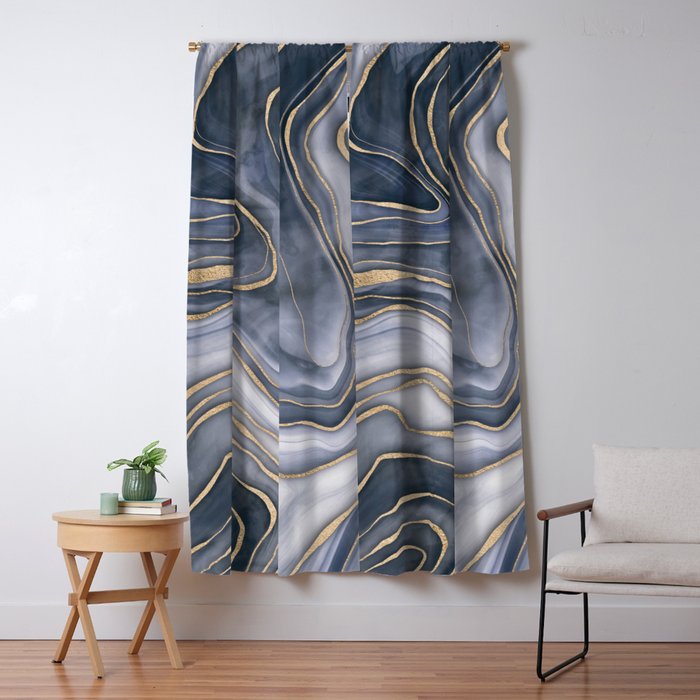 Elegant Marble Reverie Navy Gold Window Curtain Gallery Image 5
