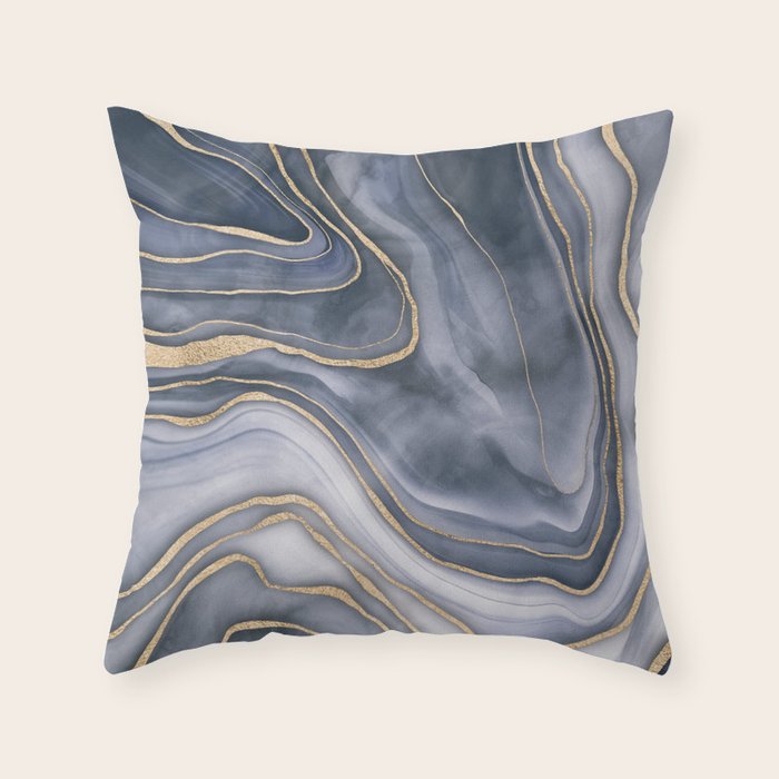 Elegant Marble Reverie Navy Gold Throw Pillow Gallery Image 1