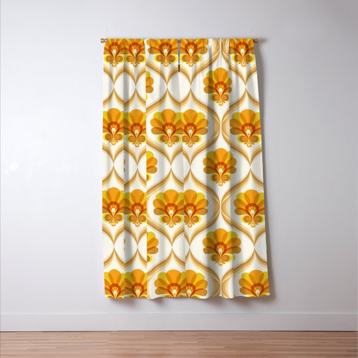 Ivory, Orange, Yellow and Brown Floral Retro Vintage Pattern Window Curtain Gallery Image 3