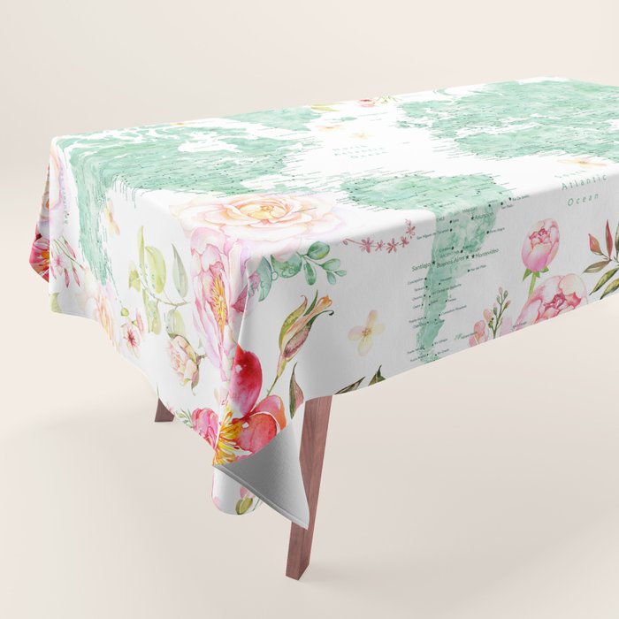 Mint green and hot pink watercolor world map with cities Tablecloth Gallery Image 1