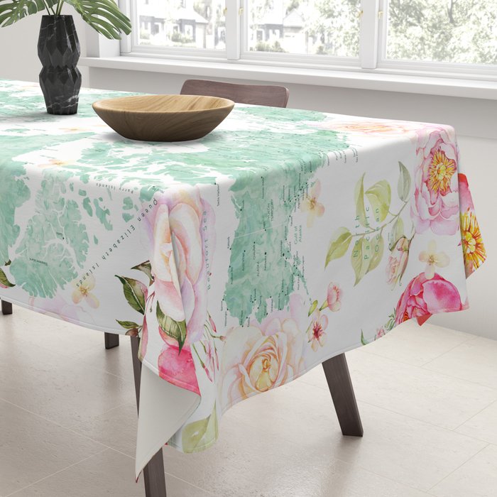 Mint green and hot pink watercolor world map with cities Tablecloth Gallery Image 3