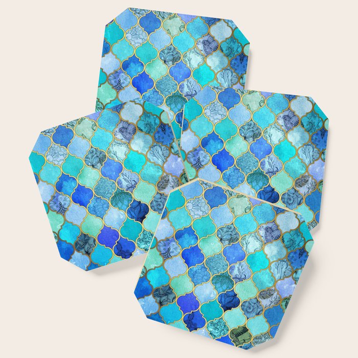 Cobalt Blue, Aqua & Gold Decorative Moroccan Tile Pattern Coaster Gallery Image 1